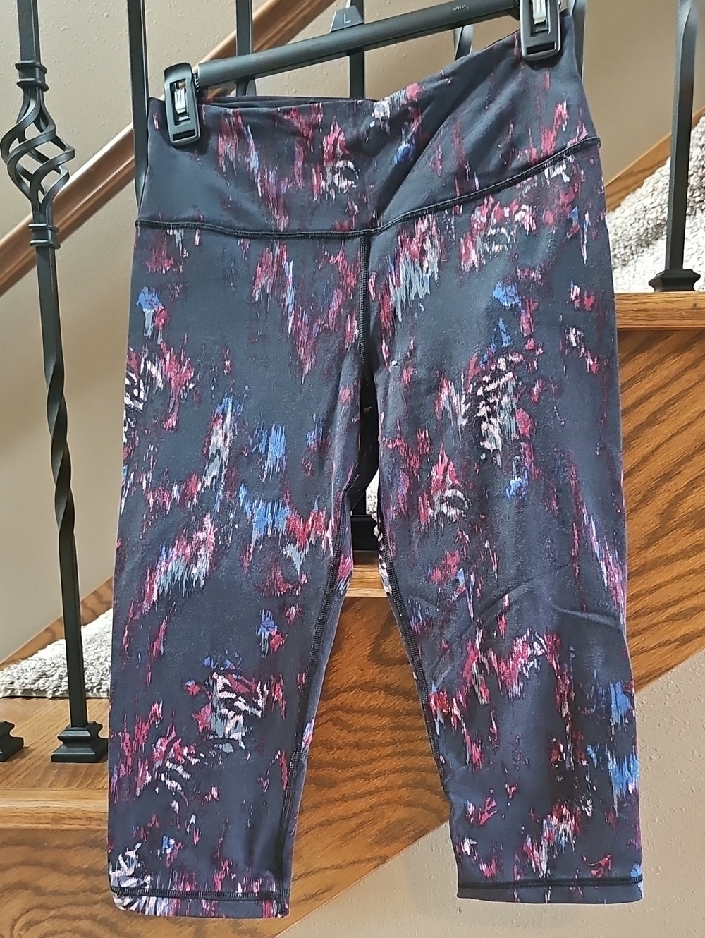 Printed Capri Leggings in Black with Pink & Blue Accents